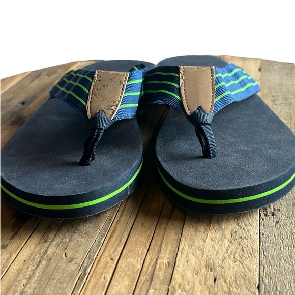 Navy Blue And Green Stripe Ribbon Flip Flop Sandals - Picture 9 of 11